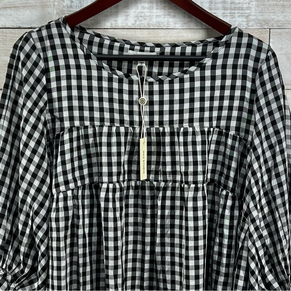 Max Studio Top Womens Small Black White Gingham Babydoll Milkmaid Ruffle NWT New - Picture 2 of 12